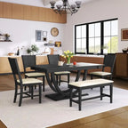 6-Piece Wood Half Round Dining Table Set Kitchen Table Set with Long Bench and 4 Dining Chairs, Modern Style