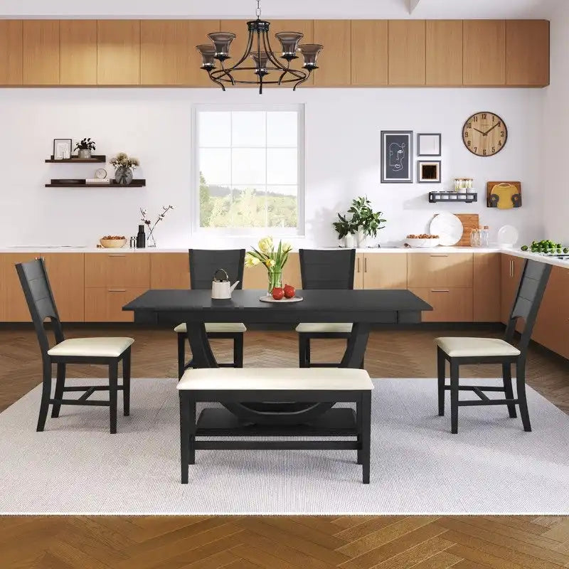 6-Piece Wood Half Round Dining Table Set Kitchen Table Set with Long Bench and 4 Dining Chairs, Modern Style