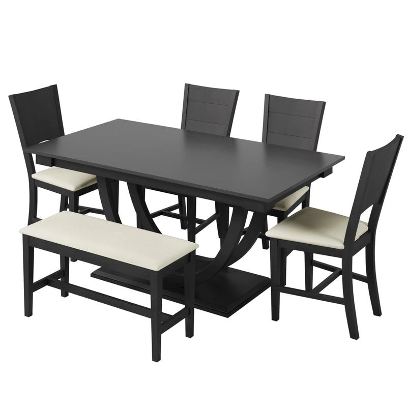 6-Piece Wood Half Round Dining Table Set Kitchen Table Set with Long Bench and 4 Dining Chairs, Modern Style
