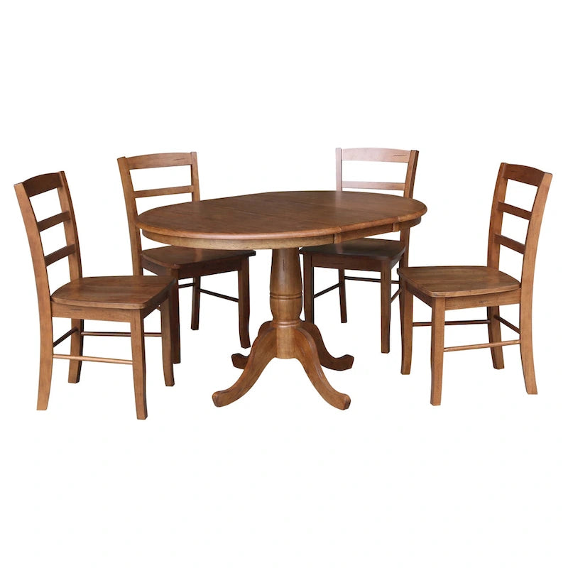 36 Round Top Pedestal Ext Table with 12 Leaf and 4 Madrid Chairs