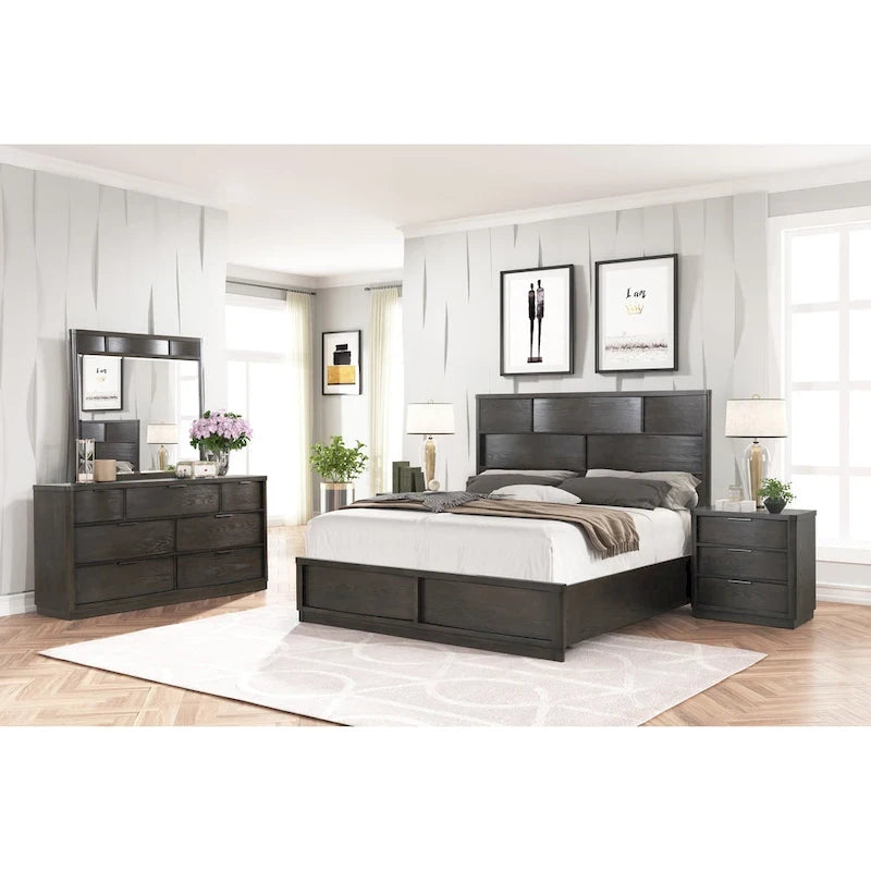 Roundhill Furniture Belani Wood Panel Bed Set, Bed, Dresser, Mirror, Two Nightstands, and Chest, Espresso