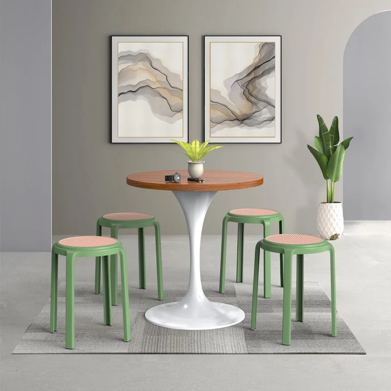 Round Plastic Dining Stool with Wicker Top Tresse Series by LeisureMod - 17.7 H x 13.4 W x 13.4 D