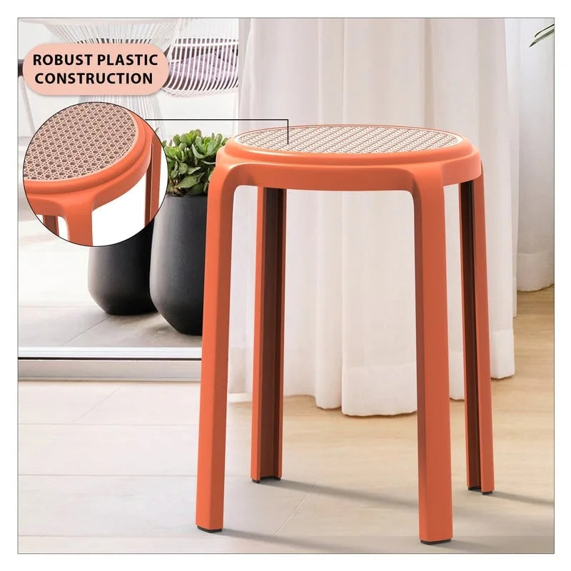 Round Plastic Dining Stool with Wicker Top Tresse Series by LeisureMod - 17.7 H x 13.4 W x 13.4 D