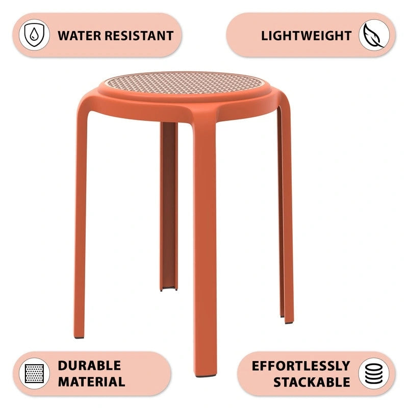 Round Plastic Dining Stool with Wicker Top Tresse Series by LeisureMod - 17.7 H x 13.4 W x 13.4 D