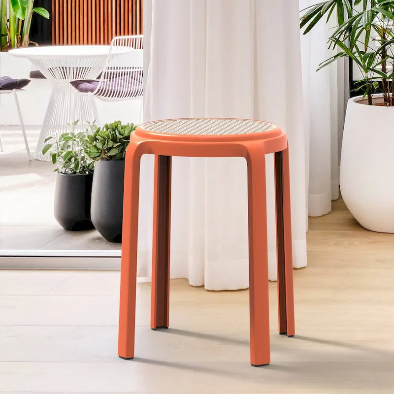 Round Plastic Dining Stool with Wicker Top Tresse Series by LeisureMod - 17.7 H x 13.4 W x 13.4 D