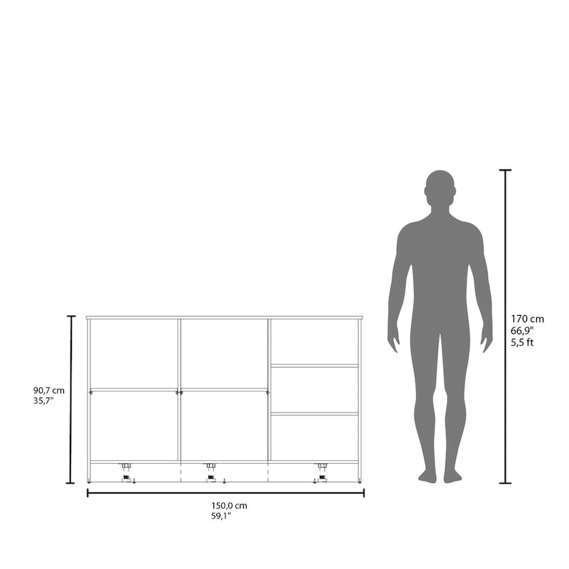 Ginger 59-inch Wide Kitchen Island with 3 Open Shelves and 2 Cabinets