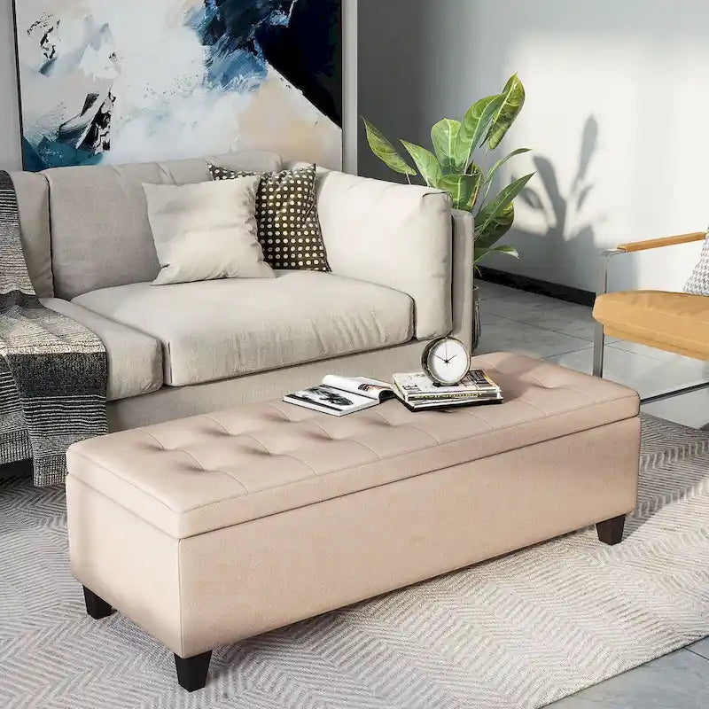 Storage Bench,End of Bed Bench, Linen Fabric Storage Chest with Lift Top, Tufted Ottoman with Storage for Living Room