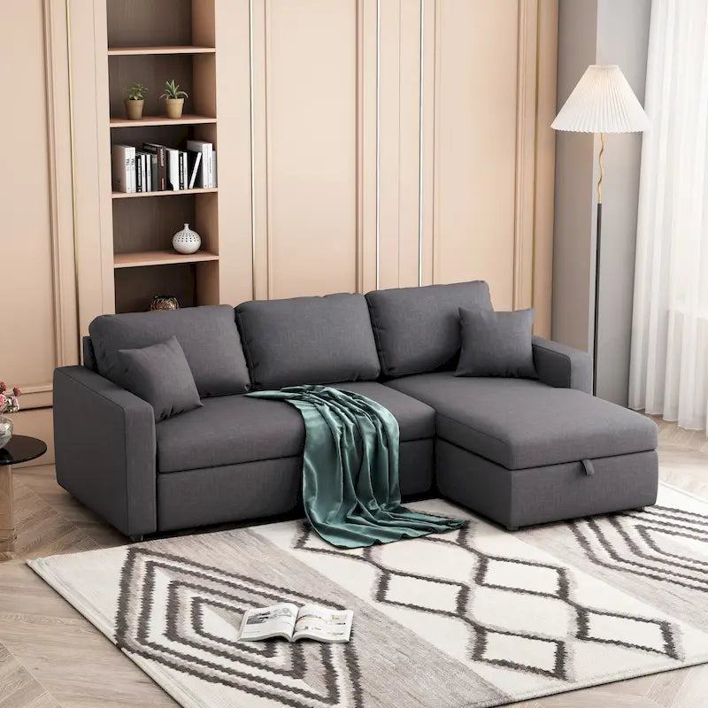 Upholstery Sleeper Sectional Sofa Grey with Storage Space, 2 Tossing Cushions
