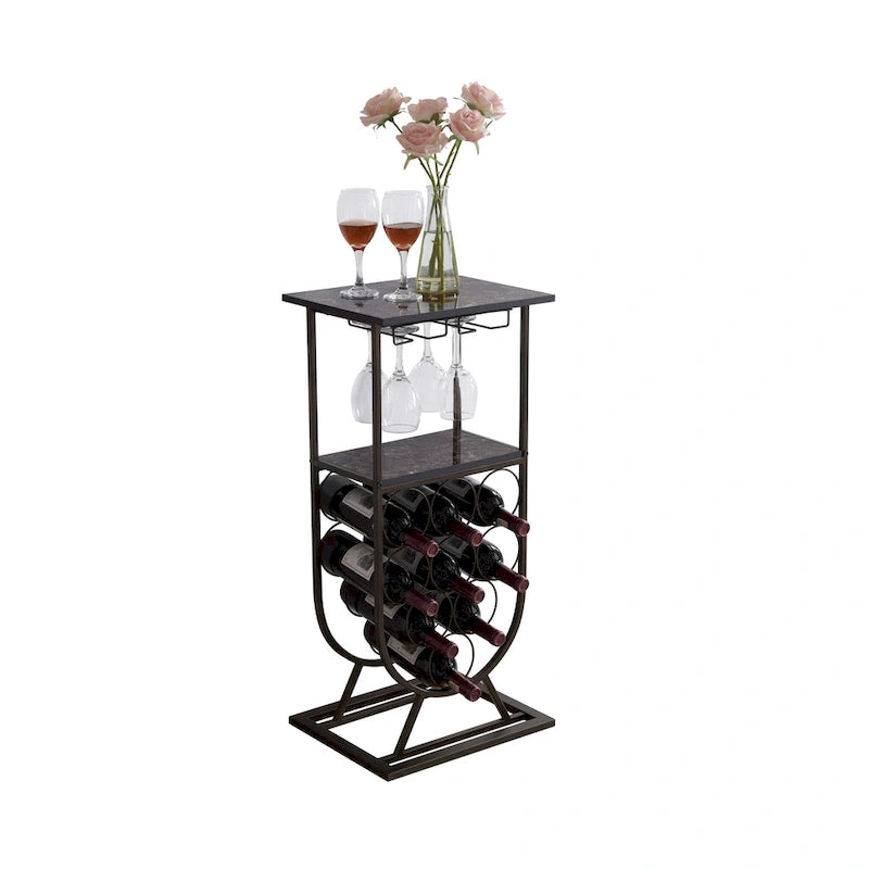 Freestanding Floor Wine Rack Console Table with Glass Holder, Wine Holder Stand for 9 Bottles, Pewter/Marble