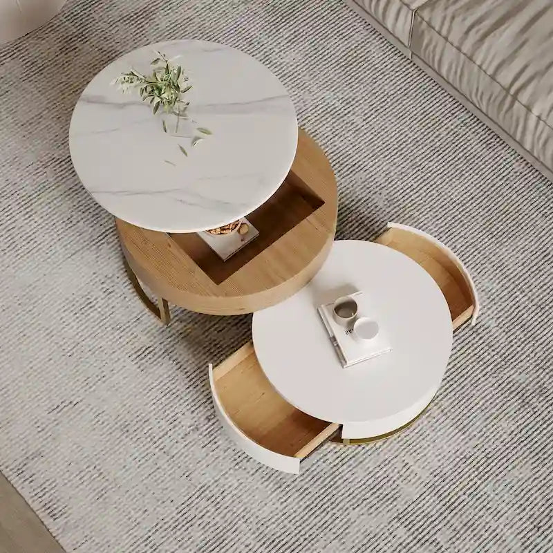 Round Coffee Table White with Storage Lift-Top Wood Coffee Table Lifts up with Rotatable Drawers White Natural