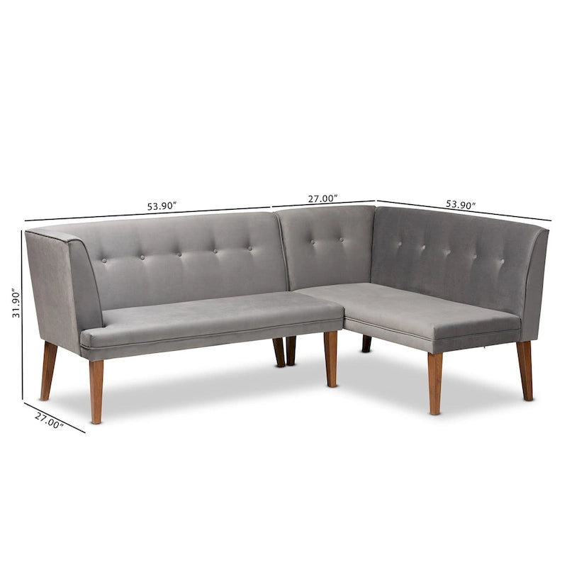 Stewart Mid-Century Velvet Dining Nook Banquette Set(2PC)-Grey
