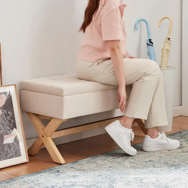 Fabric Entryway Bench Beige/ Grey Upholstered Storage Bench with X-Shaped Legs, 36-inch