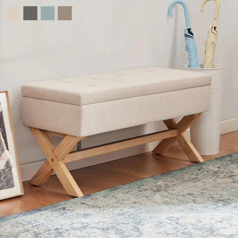 Fabric Entryway Bench Beige/ Grey Upholstered Storage Bench with X-Shaped Legs, 36-inch