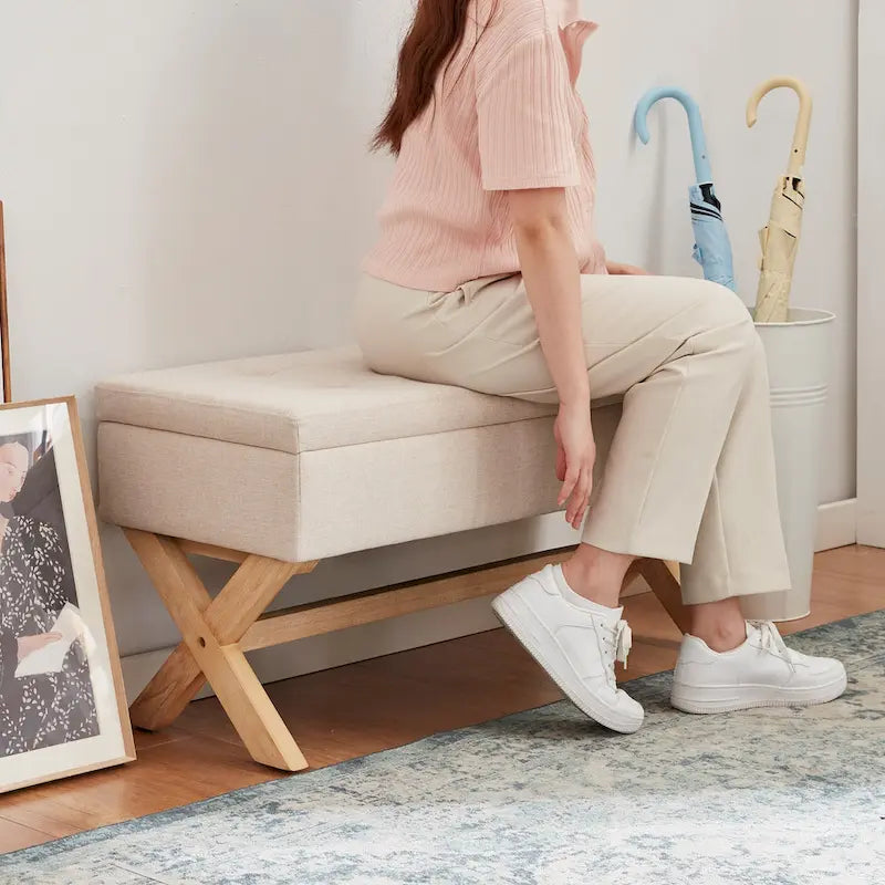 Fabric Entryway Bench Beige/ Grey Upholstered Storage Bench with X-Shaped Legs, 36-inch