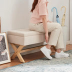 Fabric Entryway Bench Beige/ Grey Upholstered Storage Bench with X-Shaped Legs, 36-inch