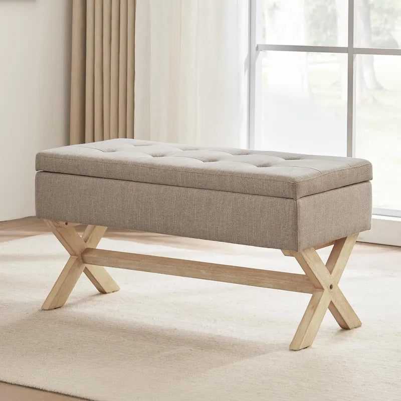 Fabric Entryway Bench Beige/ Grey Upholstered Storage Bench with X-Shaped Legs, 36-inch