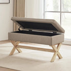 Fabric Entryway Bench Beige/ Grey Upholstered Storage Bench with X-Shaped Legs, 36-inch