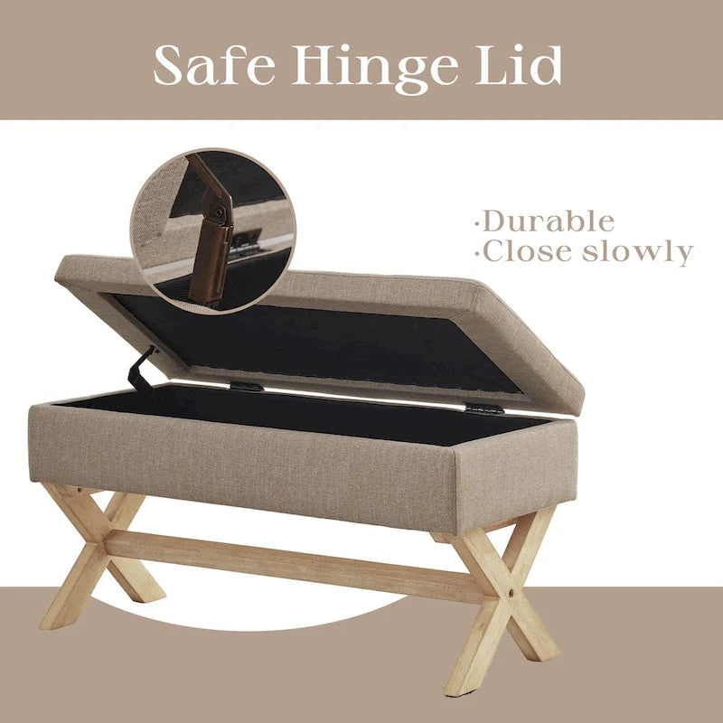 Fabric Entryway Bench Beige/ Grey Upholstered Storage Bench with X-Shaped Legs, 36-inch
