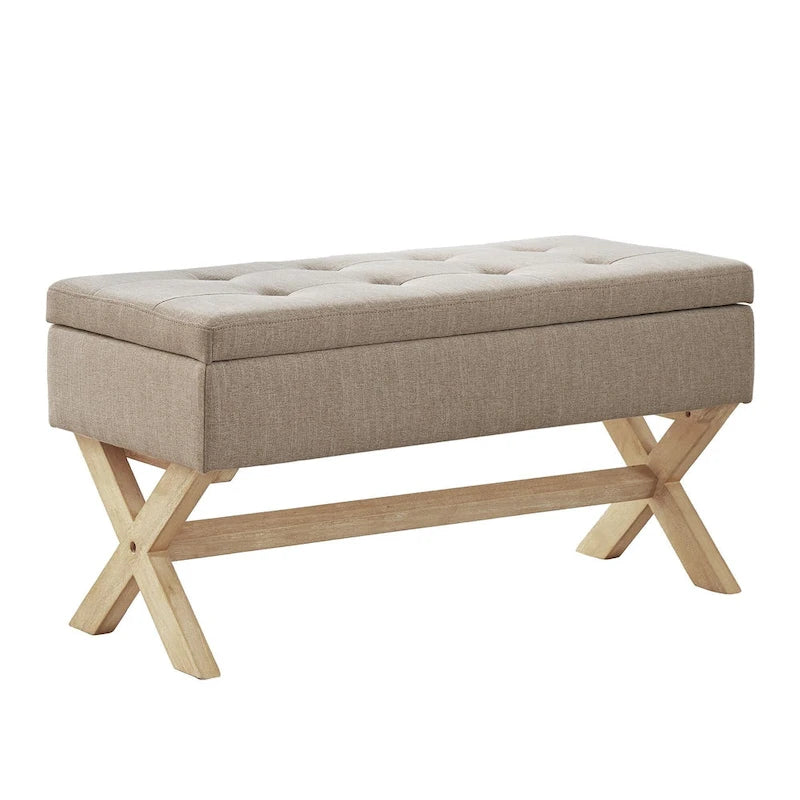 Fabric Entryway Bench Beige/ Grey Upholstered Storage Bench with X-Shaped Legs, 36-inch