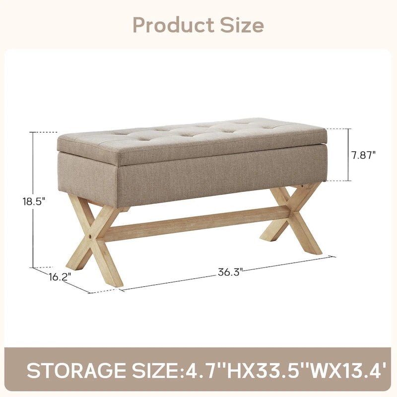 Fabric Entryway Bench Beige/ Grey Upholstered Storage Bench with X-Shaped Legs, 36-inch