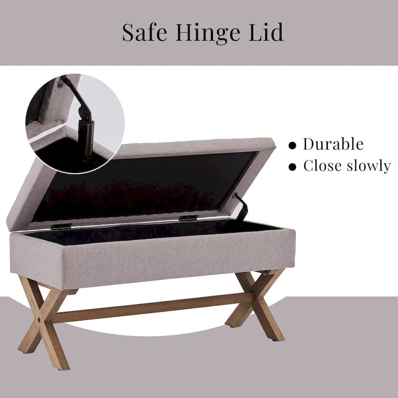 Fabric Entryway Bench Beige/ Grey Upholstered Storage Bench with X-Shaped Legs, 36-inch