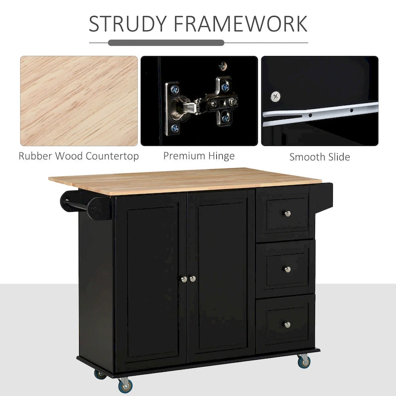 HOMCOM Kitchen Island Mobile Storage Cart with Towel/Spice Rack, 3 Drawers, 2-Door Cabinet and Lockable Wheels