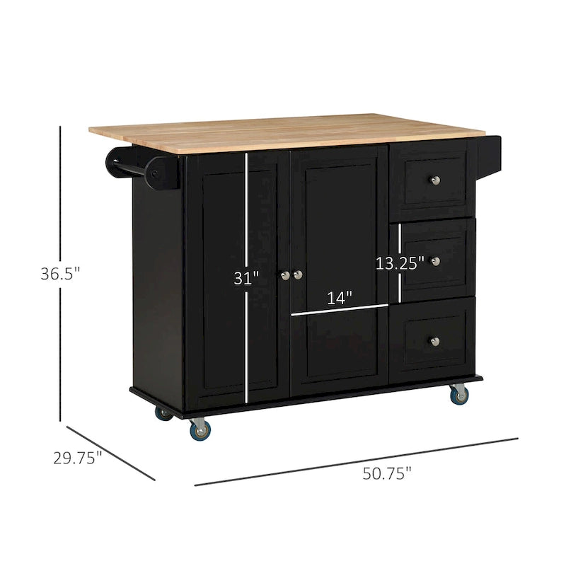 HOMCOM Kitchen Island Mobile Storage Cart with Towel/Spice Rack, 3 Drawers, 2-Door Cabinet and Lockable Wheels