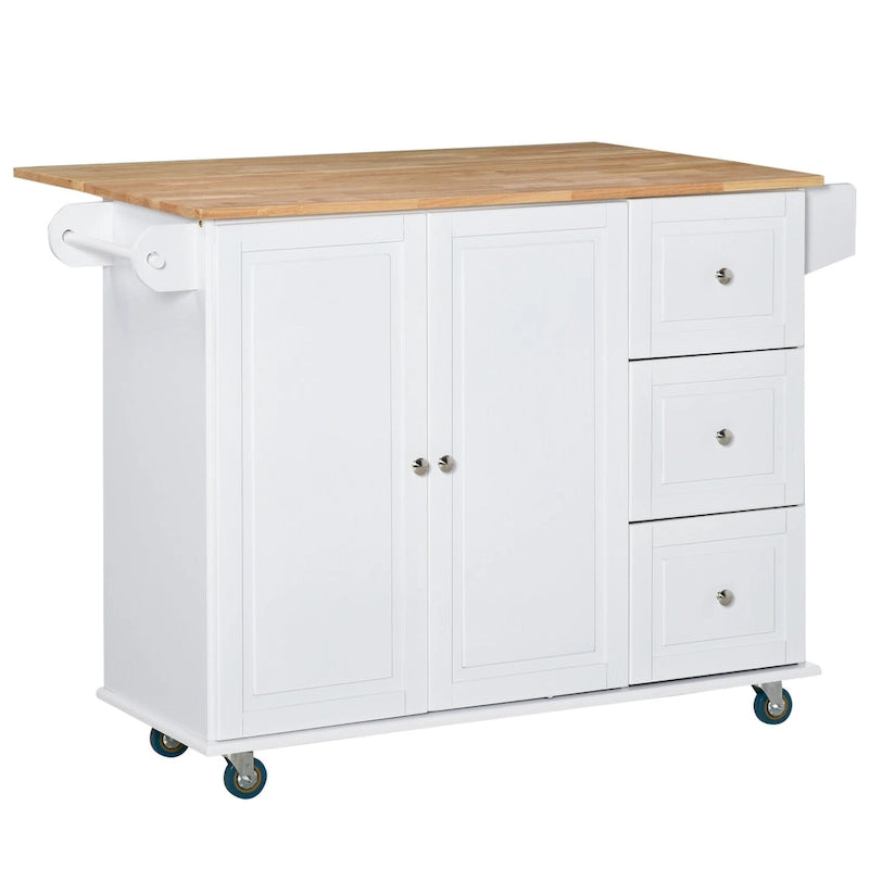 HOMCOM Kitchen Island Mobile Storage Cart with Towel/Spice Rack, 3 Drawers, 2-Door Cabinet and Lockable Wheels