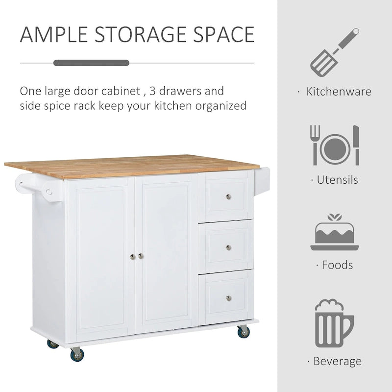 HOMCOM Kitchen Island Mobile Storage Cart with Towel/Spice Rack, 3 Drawers, 2-Door Cabinet and Lockable Wheels