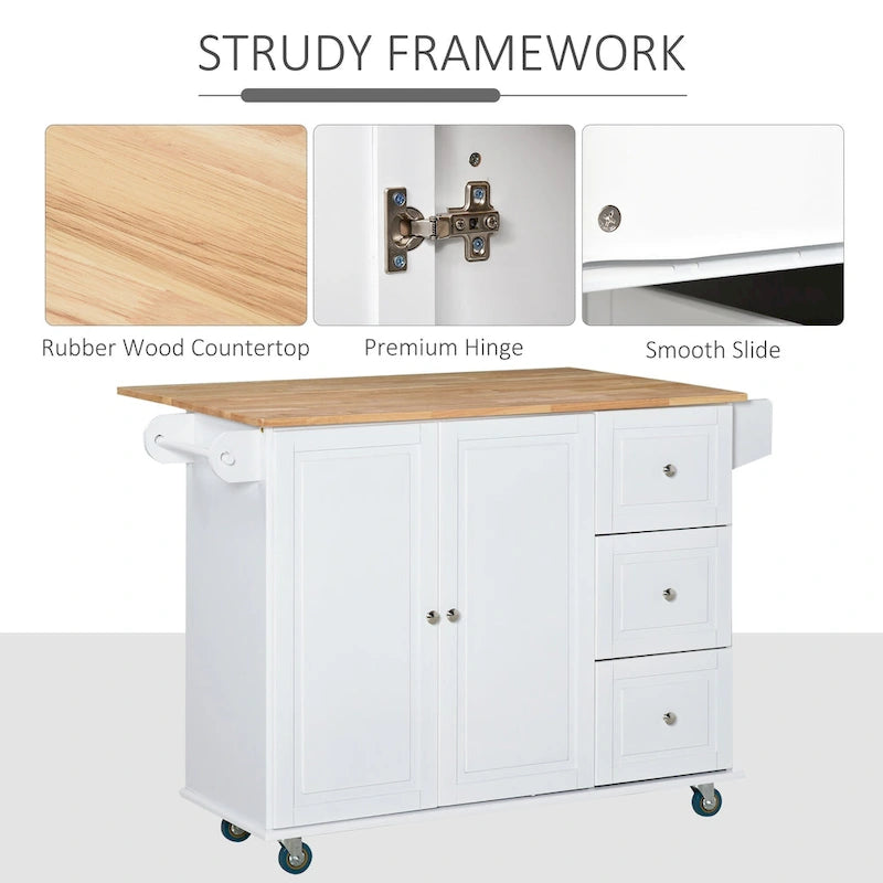 HOMCOM Kitchen Island Mobile Storage Cart with Towel/Spice Rack, 3 Drawers, 2-Door Cabinet and Lockable Wheels