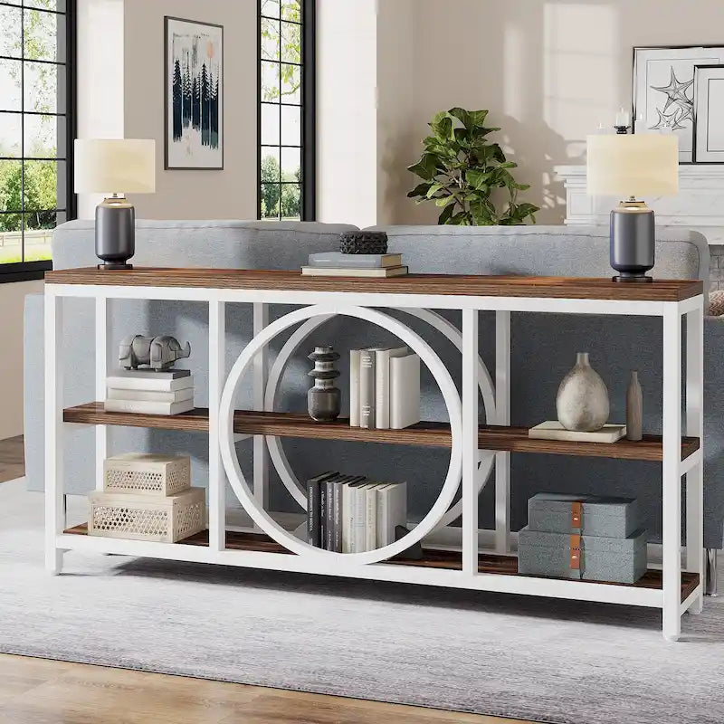 70.9 inch Extra Long Console Table Narrow Sofa Tables with 3 Tier Wood Storage Shelves