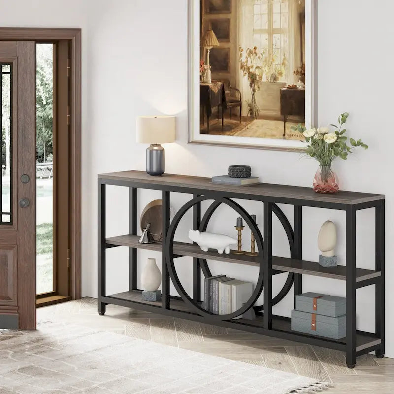 70.9 inch Extra Long Console Table Narrow Sofa Tables with 3 Tier Wood Storage Shelves