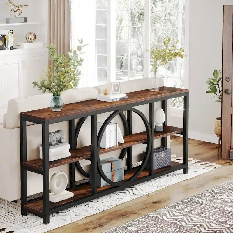 70.9 inch Extra Long Console Table Narrow Sofa Tables with 3 Tier Wood Storage Shelves