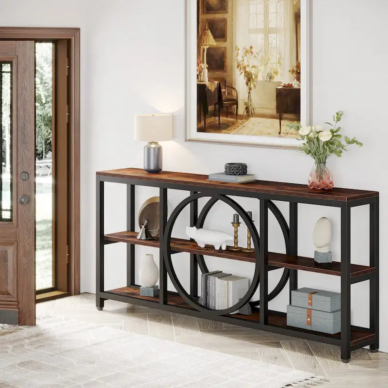 70.9 inch Extra Long Console Table Narrow Sofa Tables with 3 Tier Wood Storage Shelves