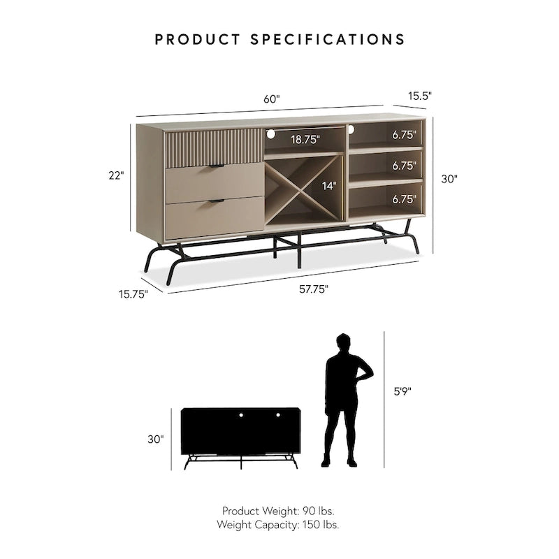 DH BASIC Modern Brown Retro 60-inch Dining Buffet and Sideboard with Wine Storage by Denhour