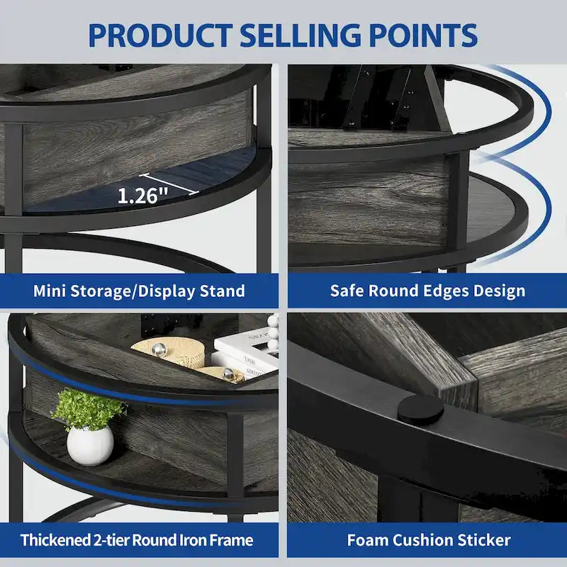 Round Lift Top Extendable Frame Coffee Table with Hide Storage