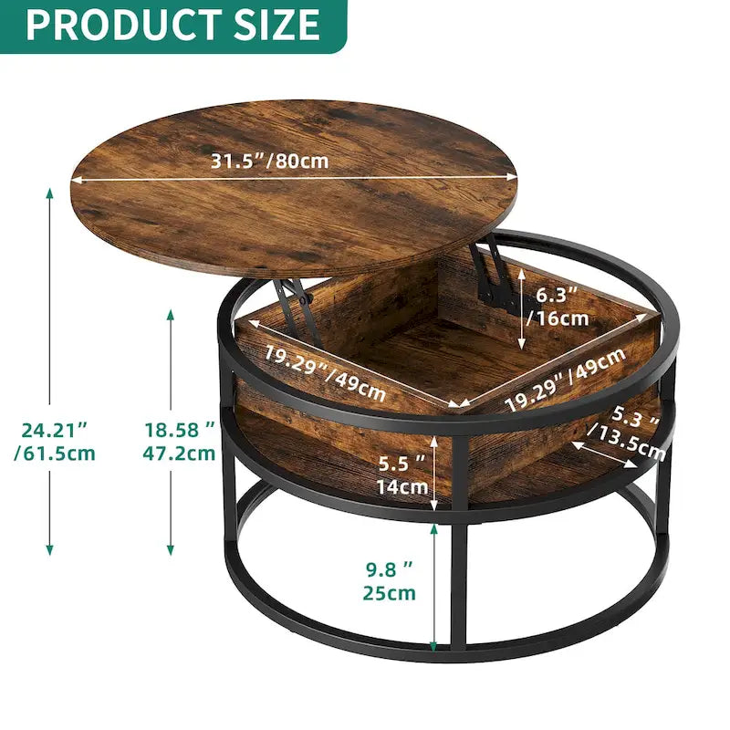 Round Lift Top Extendable Frame Coffee Table with Hide Storage