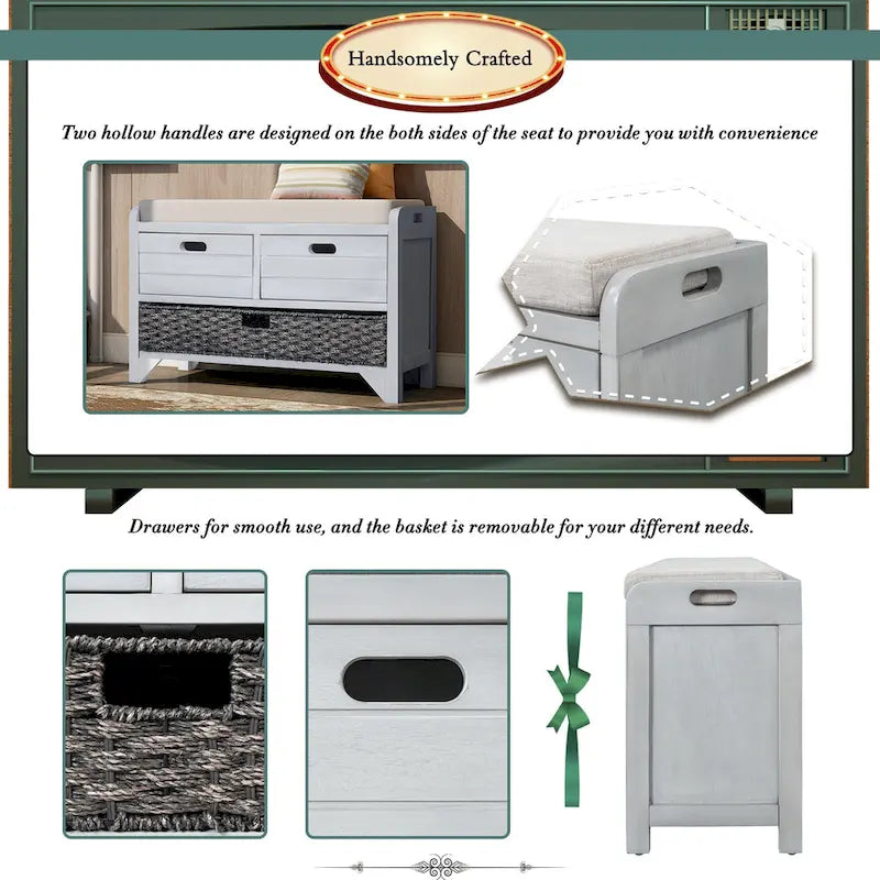 Nestfair Storage Bench Entryway Bench with Removable Basket and 2 Drawers