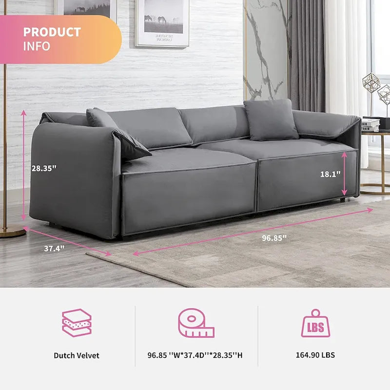 Mixoy Widened 4-Seater Upholstered Deep Seat Sofa,97 Italian Style Minimalist Sofa Couch with Elephant Ear Armrest,Throw Pillow