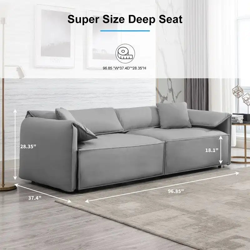 Mixoy Widened 4-Seater Upholstered Deep Seat Sofa,97 Italian Style Minimalist Sofa Couch with Elephant Ear Armrest,Throw Pillow