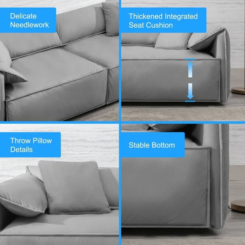 Mixoy Widened 4-Seater Upholstered Deep Seat Sofa,97 Italian Style Minimalist Sofa Couch with Elephant Ear Armrest,Throw Pillow