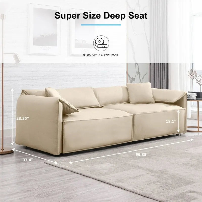 Mixoy Widened 4-Seater Upholstered Deep Seat Sofa,97 Italian Style Minimalist Sofa Couch with Elephant Ear Armrest,Throw Pillow