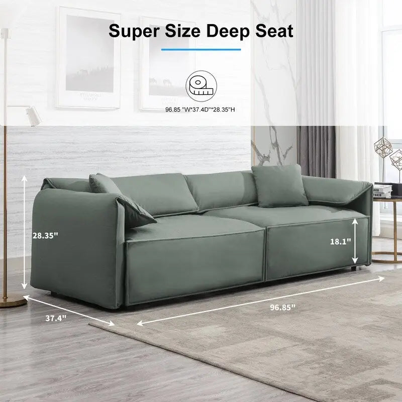 Mixoy Widened 4-Seater Upholstered Deep Seat Sofa,97 Italian Style Minimalist Sofa Couch with Elephant Ear Armrest,Throw Pillow