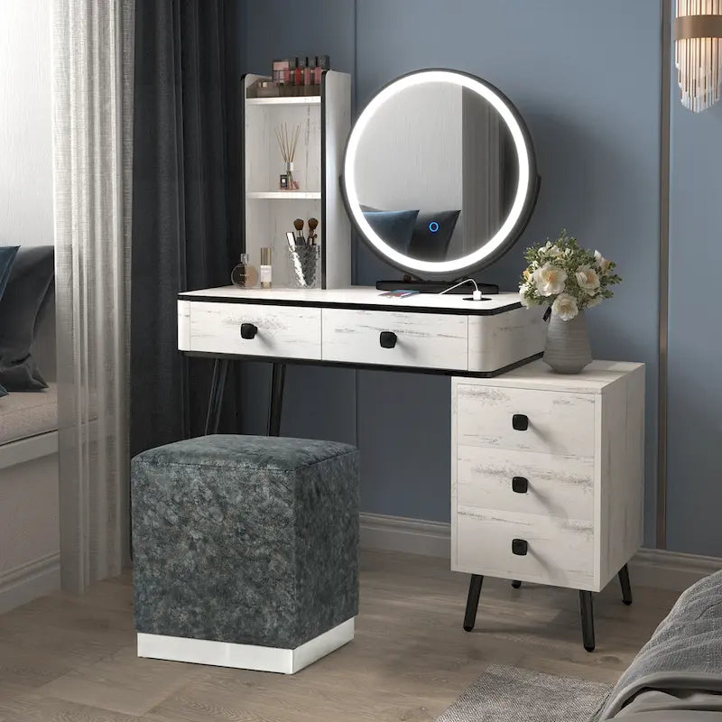 Adeco Ottoman Footrest Vanity Stool Gold Trim Footstool