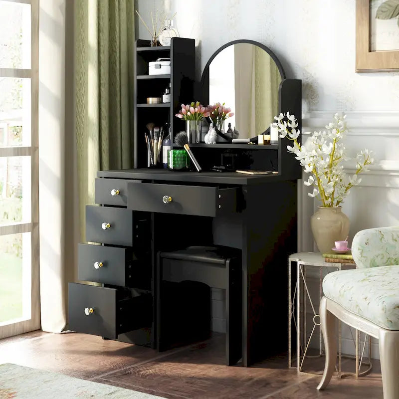 Timechee Makeup Vanity Set with Round Mirror, Drawers & Shelves - White - 31.5L x 15.7W x 52H