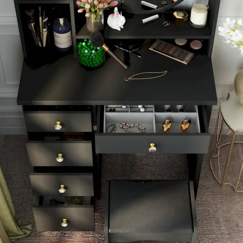 Timechee Makeup Vanity Set with Round Mirror, Drawers & Shelves - White - 31.5L x 15.7W x 52H