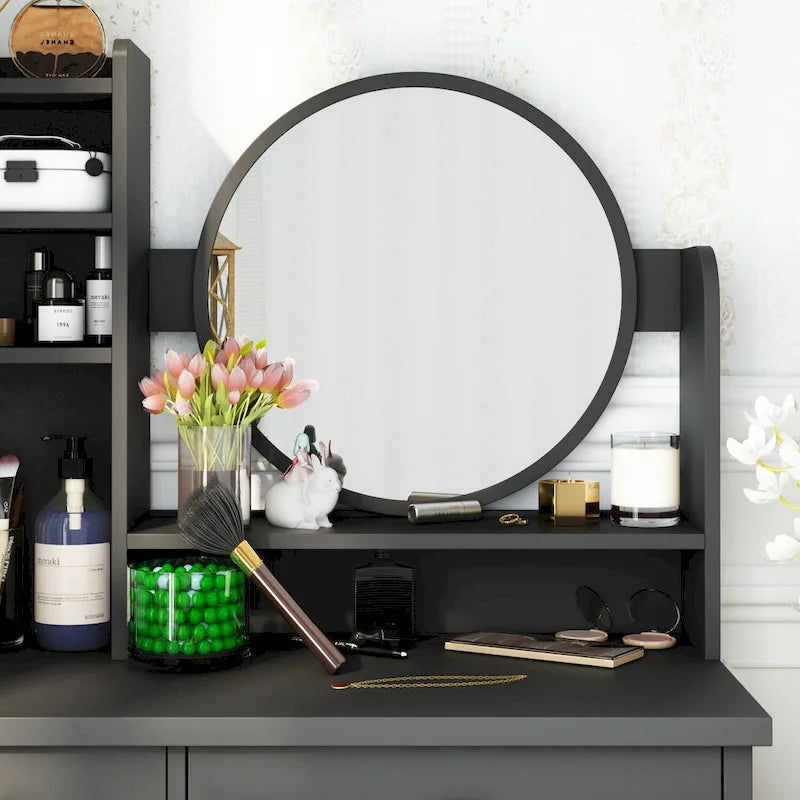 Timechee Makeup Vanity Set with Round Mirror, Drawers & Shelves - White - 31.5L x 15.7W x 52H