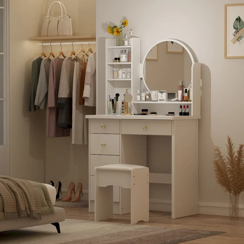 Timechee Makeup Vanity Set with Round Mirror, Drawers & Shelves - White - 31.5L x 15.7W x 52H