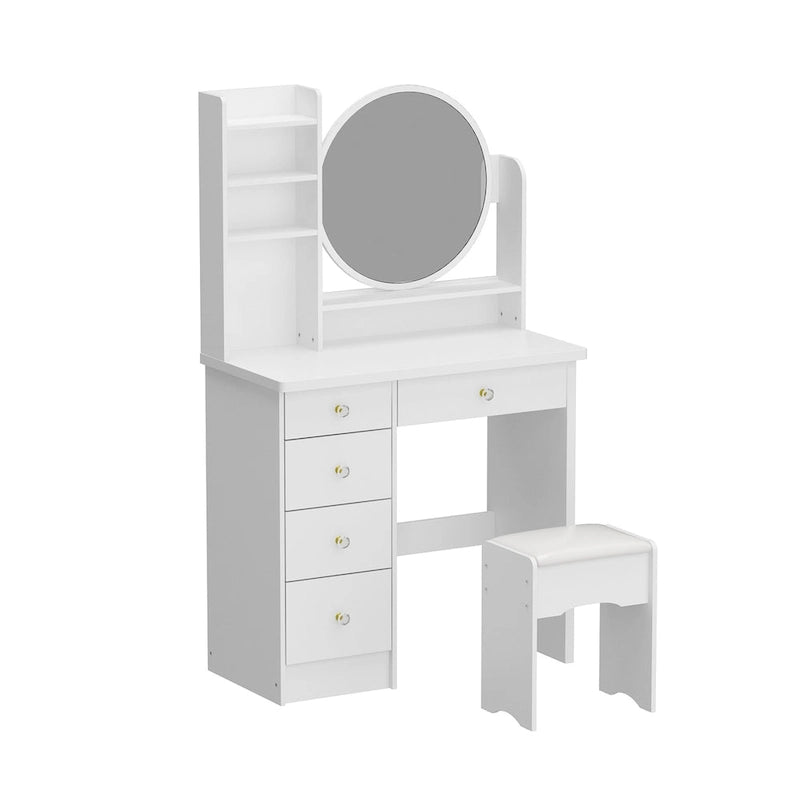 Timechee Makeup Vanity Set with Round Mirror, Drawers & Shelves - White - 31.5L x 15.7W x 52H