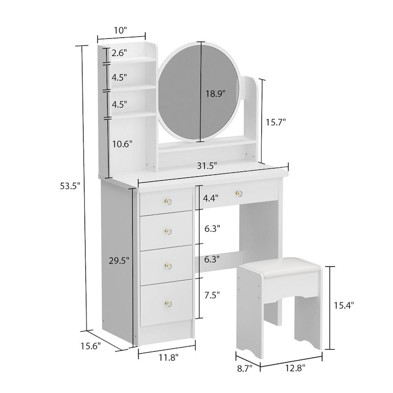 Timechee Makeup Vanity Set with Round Mirror, Drawers & Shelves - White - 31.5L x 15.7W x 52H